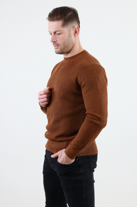 Pulover maro gros din tricot cu guler rotund barbati [4]
