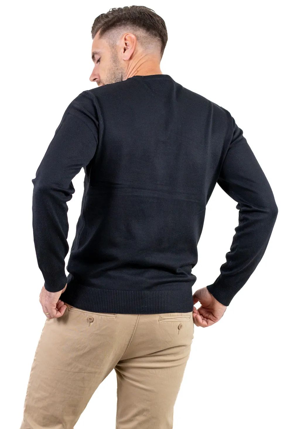 Pulover negru texturat cu guler rotund [3]