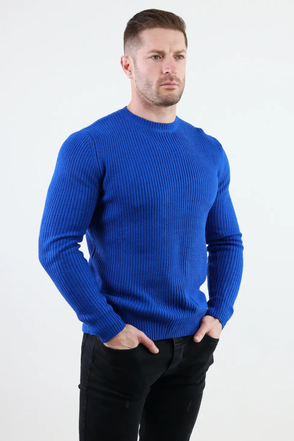 Pulover albastru gros din tricot cu guler rotund barbati [4]