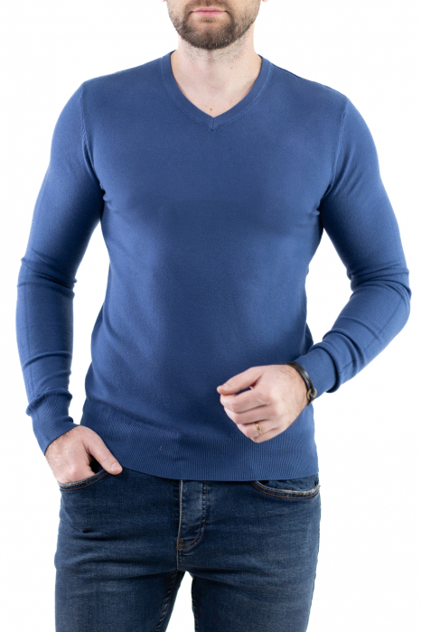Pulover barbati cu guler in V albastru denim [5]