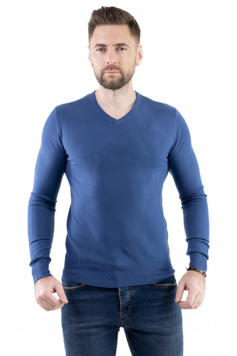 Pulover barbati cu guler in V albastru denim [4]