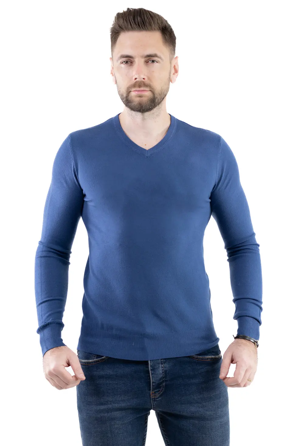 Pulover barbati cu guler in V albastru denim [5]