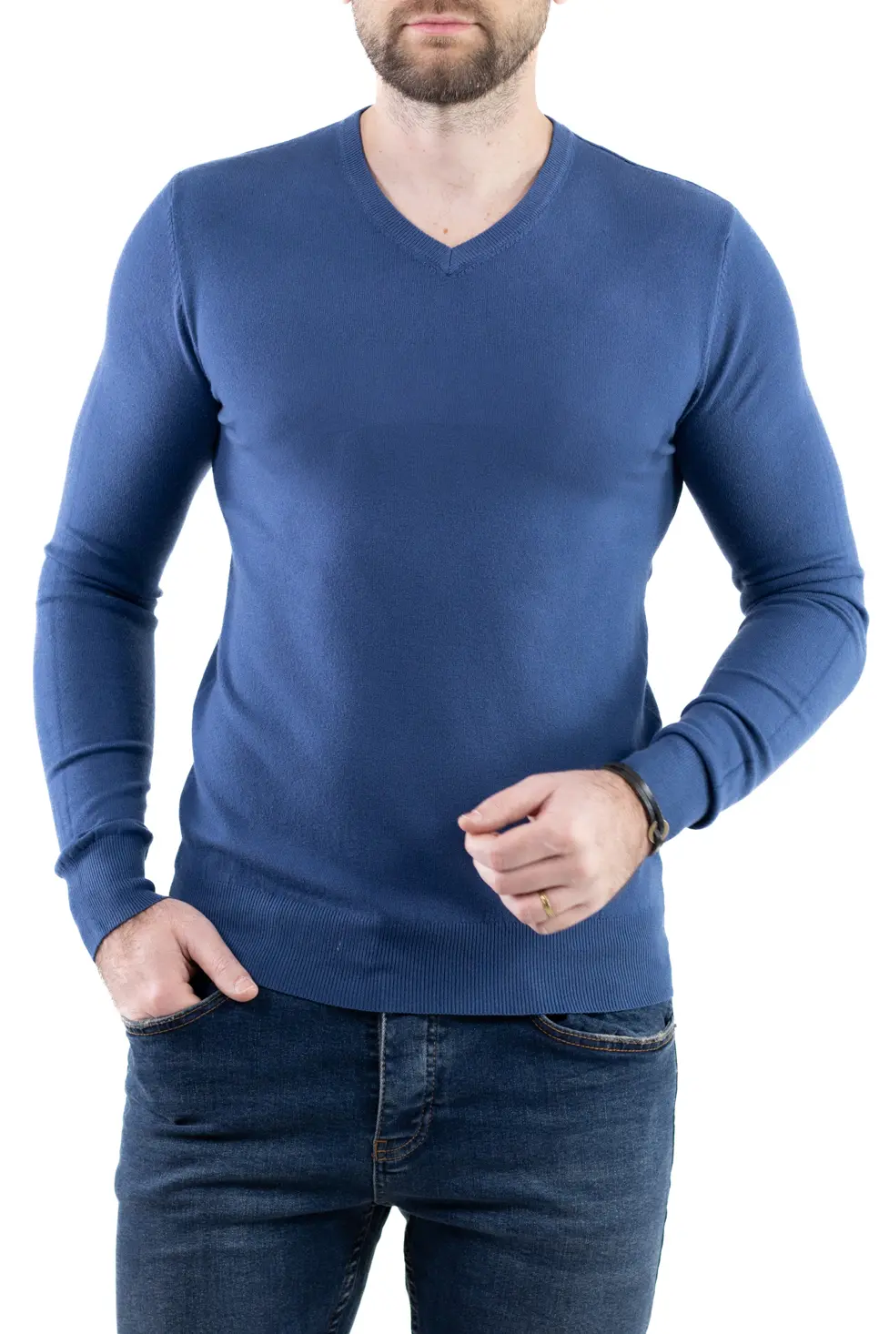 Pulover barbati cu guler in V albastru denim [2]