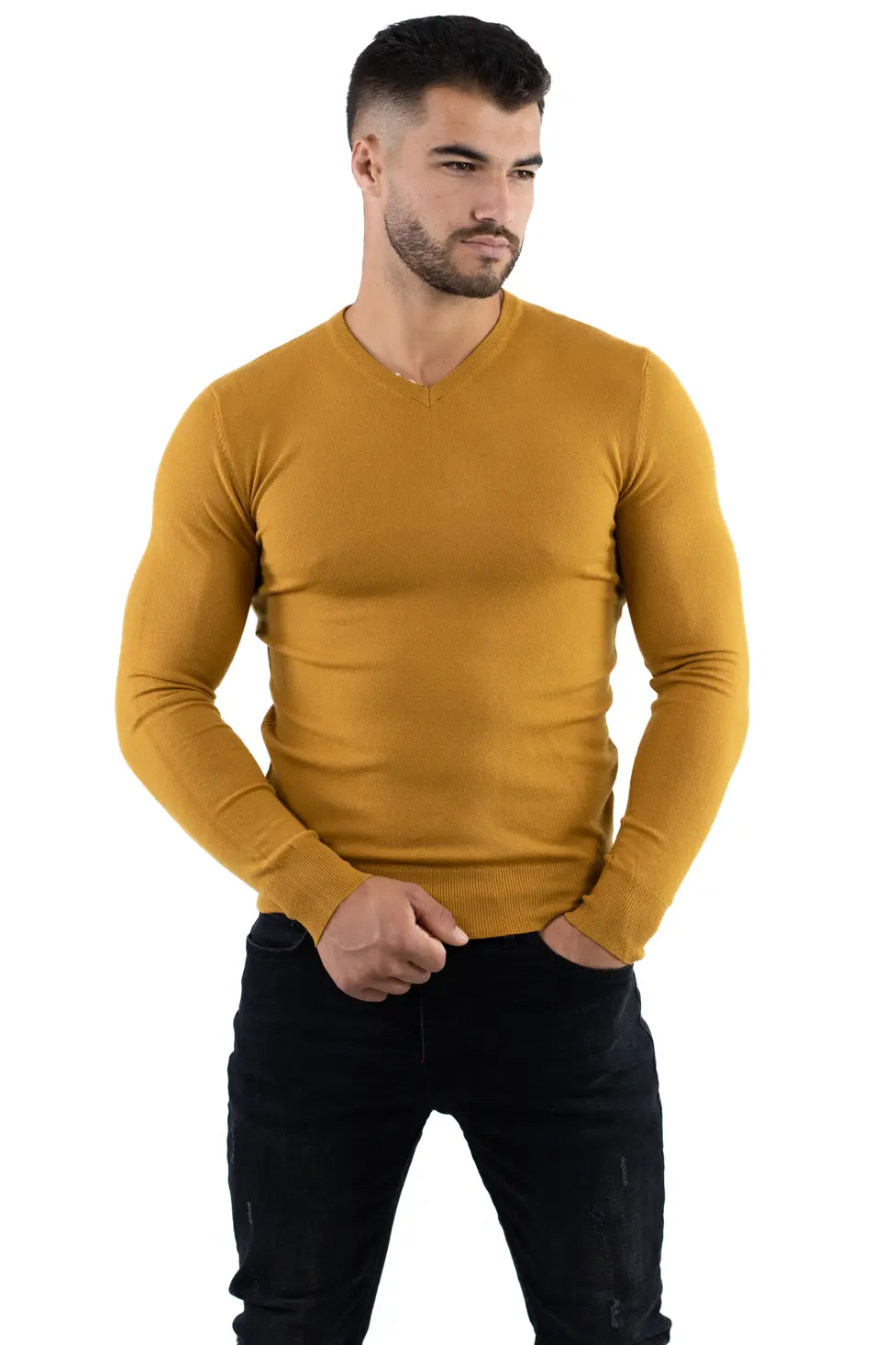 Pulover barbati cu guler in V galben mustar [4]