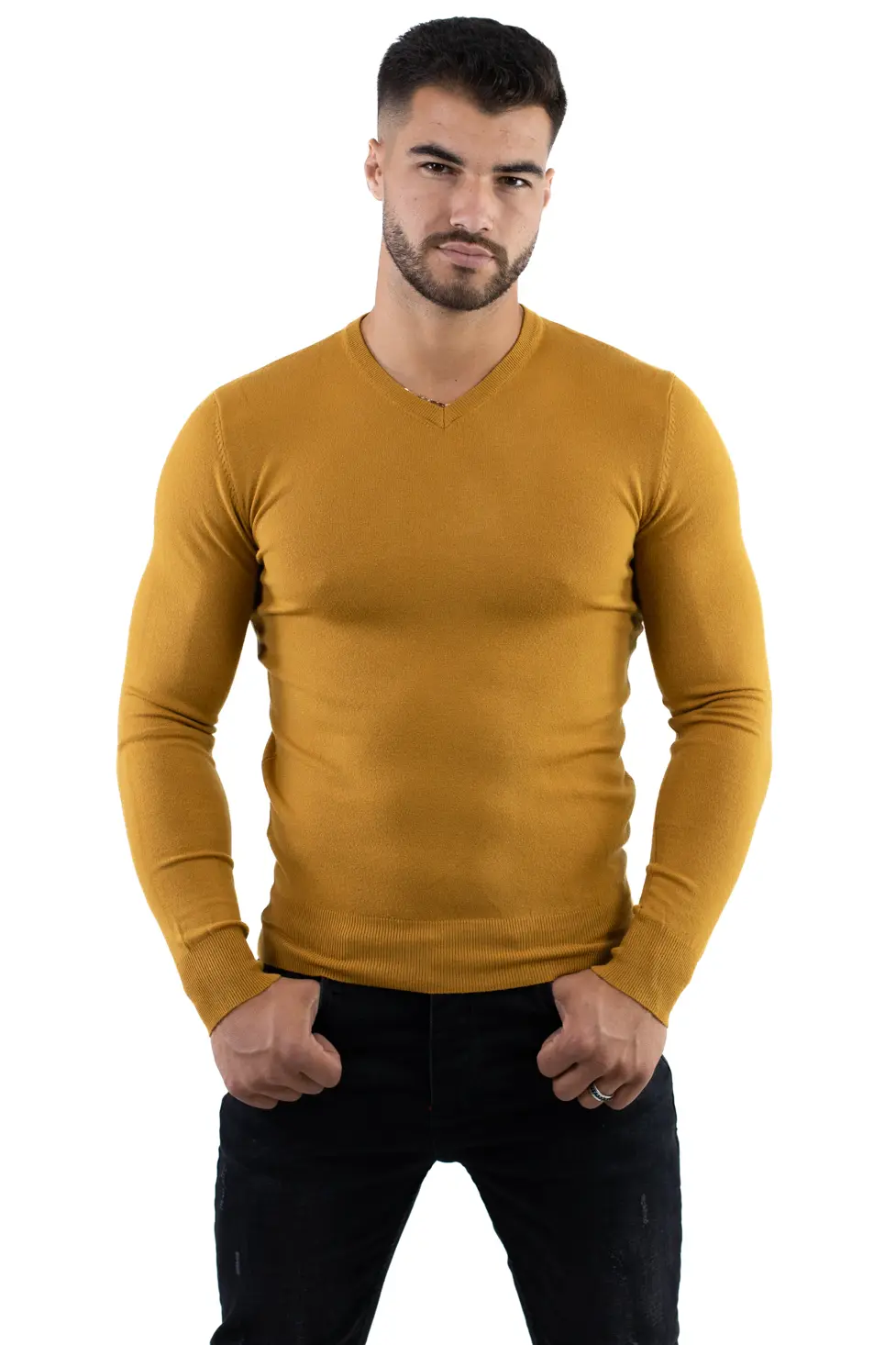 Pulover barbati cu guler in V galben mustar [3]