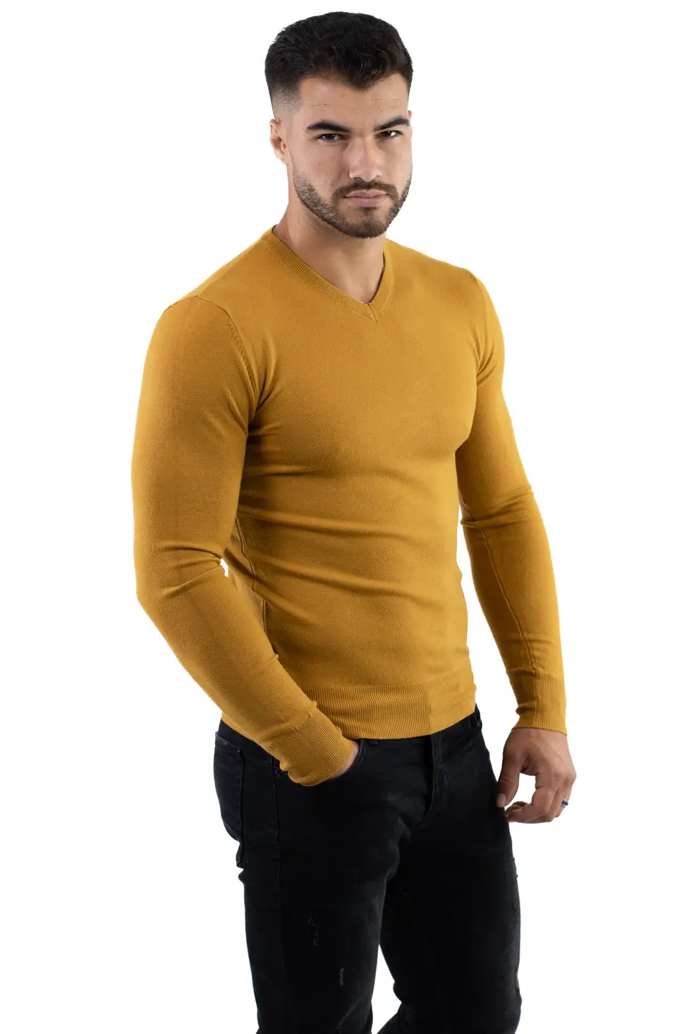 Pulover barbati cu guler in V galben mustar [6]