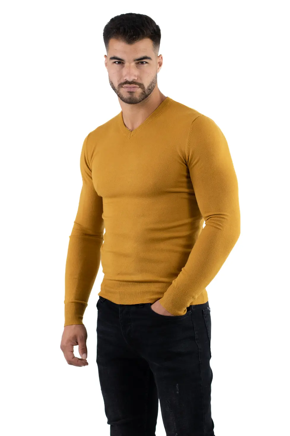 Pulover barbati cu guler in V galben mustar [1]