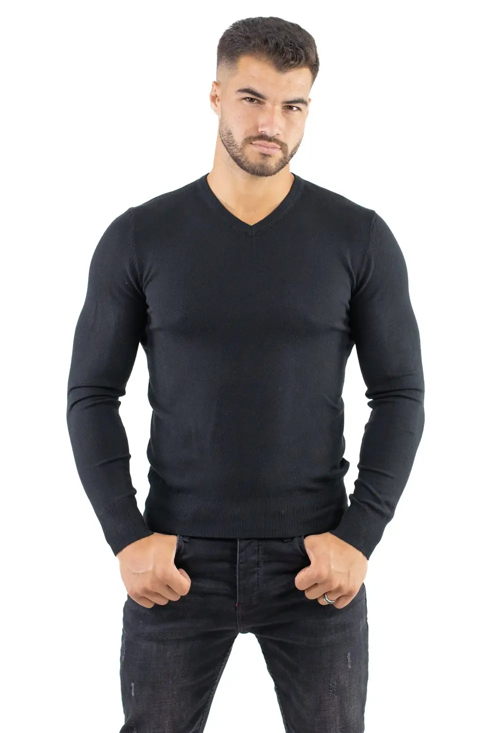 Pulover barbati cu guler in V negru [2]