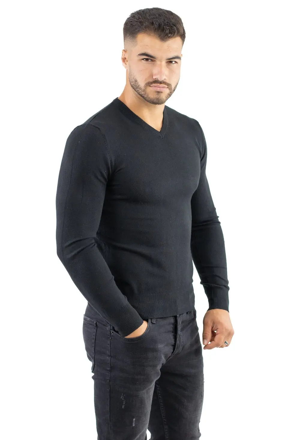 Pulover barbati cu guler in V negru [5]