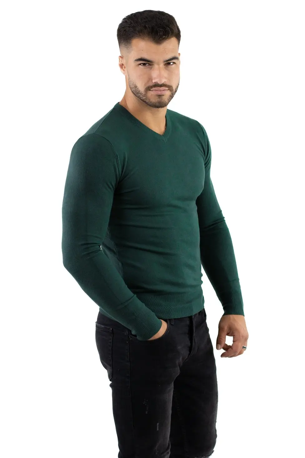 Pulover barbati cu guler in V verde [4]