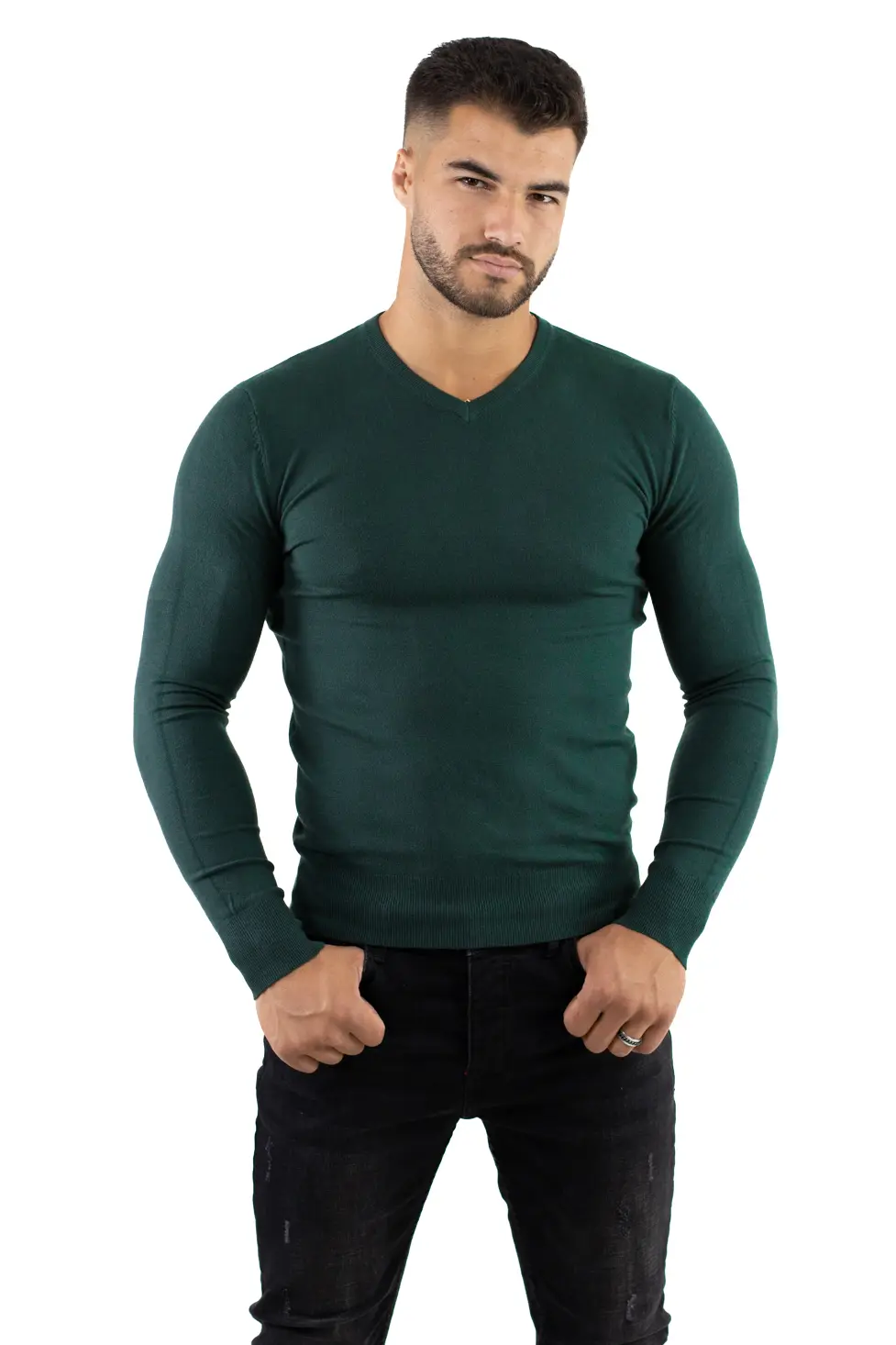 Pulover barbati cu guler in V verde [3]