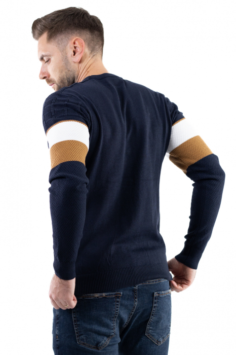 Pulover barbati tricot cu dungi bleumarin [5]