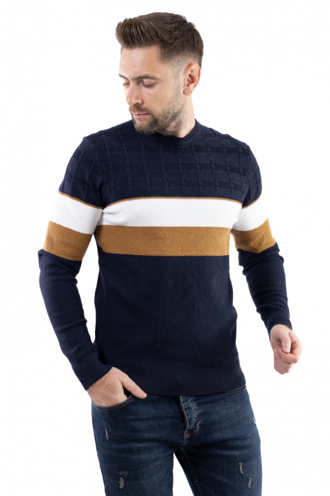 Pulover barbati tricot cu dungi bleumarin [4]