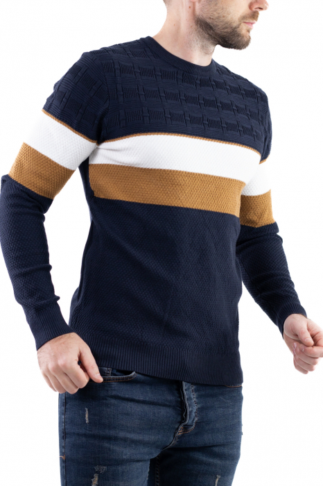 Pulover barbati tricot cu dungi bleumarin [3]