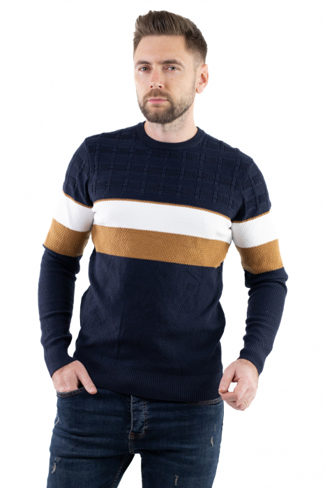 Pulover barbati tricot cu dungi bleumarin [7]