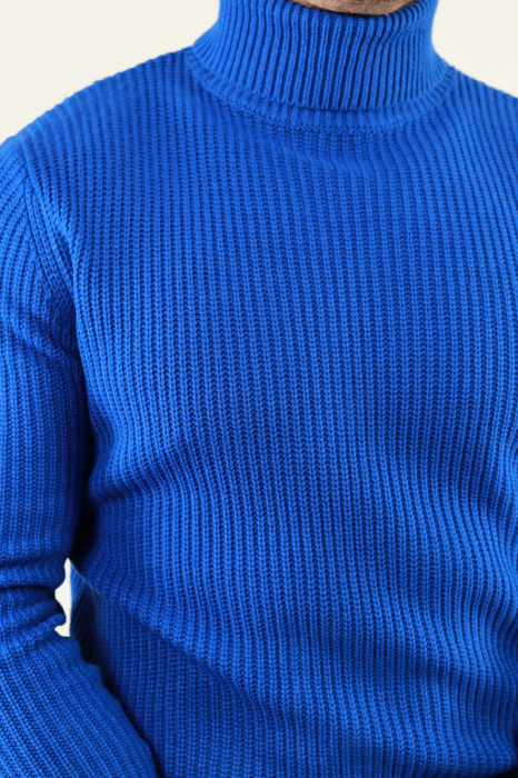 Pulover albastru gros din tricot cu guler inalt barbati [6]