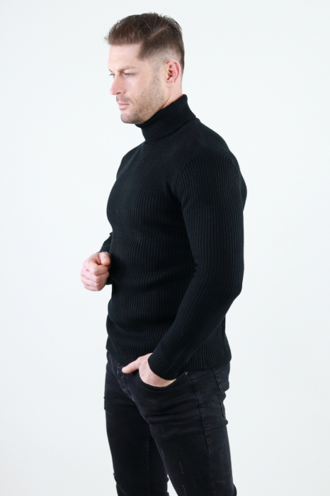 Pulover negru gros din tricot cu guler inalt barbati [5]