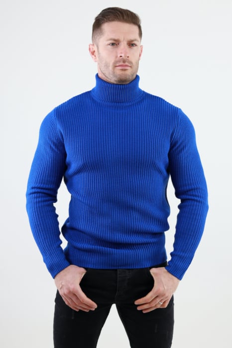 Pulover albastru gros din tricot cu guler inalt barbati [3]