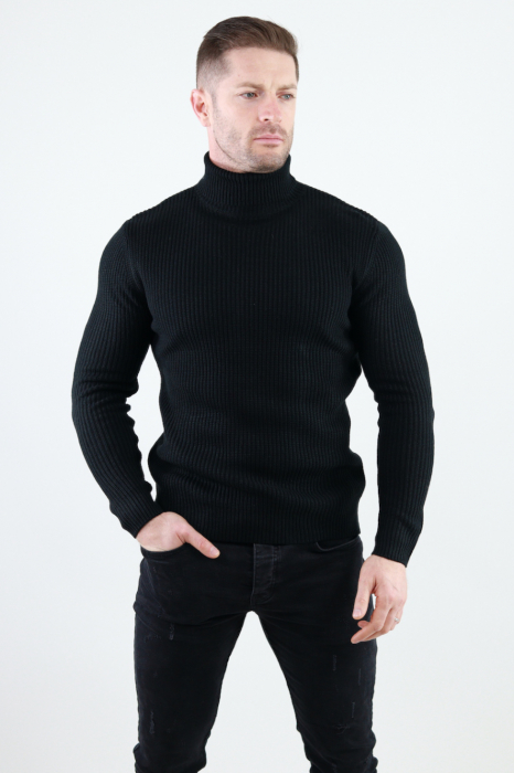 Pulover negru gros din tricot cu guler inalt barbati [7]