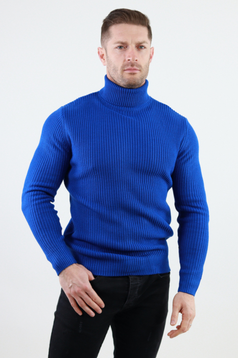 Pulover albastru gros din tricot cu guler inalt barbati [4]