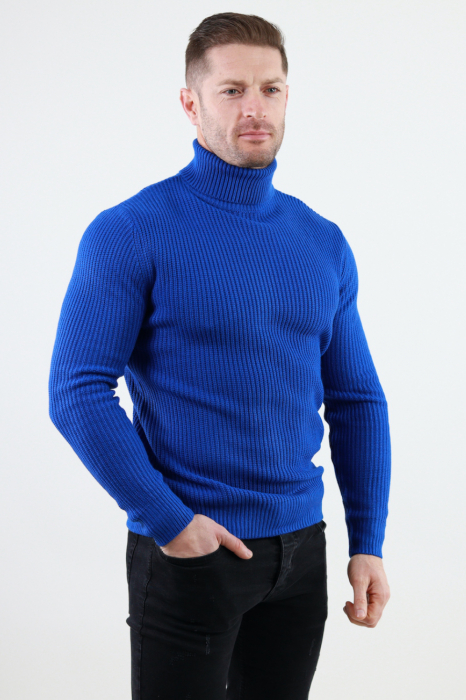 Pulover albastru gros din tricot cu guler inalt barbati [2]