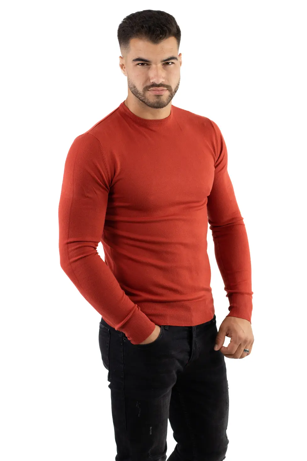 Pulover caramiziu barbati cu guler rotund [4]