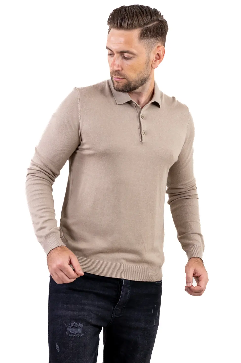 Pulover elegant tip polo pentru bărbați – bej [4]