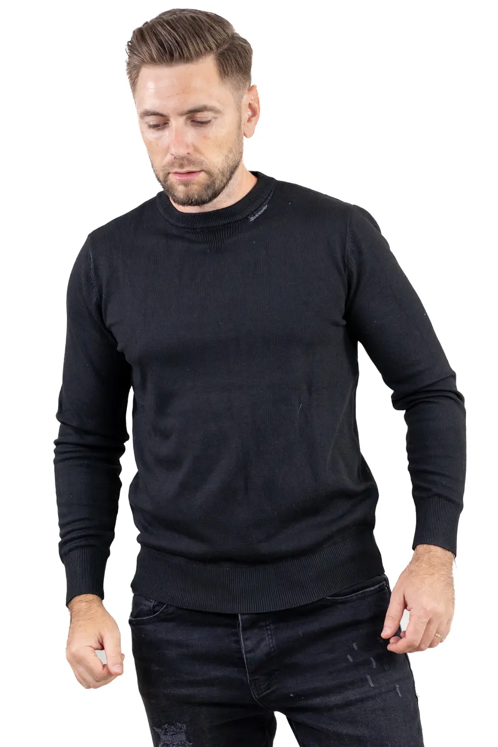 Pulover bărbați negru cu guler rotund și cotiere [4]