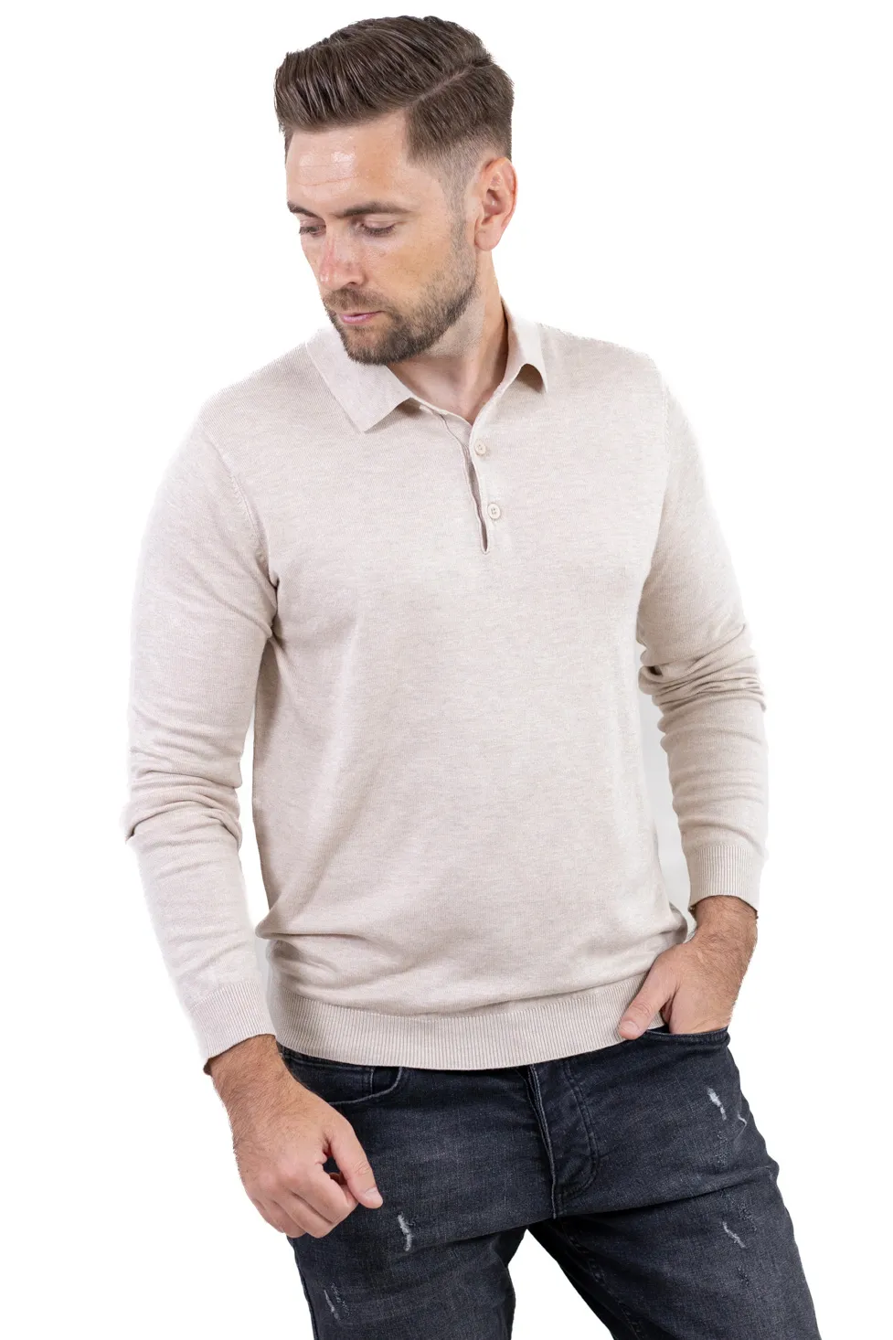 Pulover elegant tip polo pentru bărbați – crem [5]