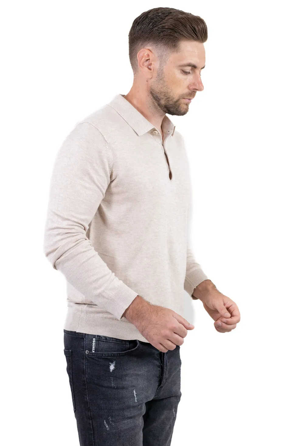 Pulover elegant tip polo pentru bărbați – crem [9]