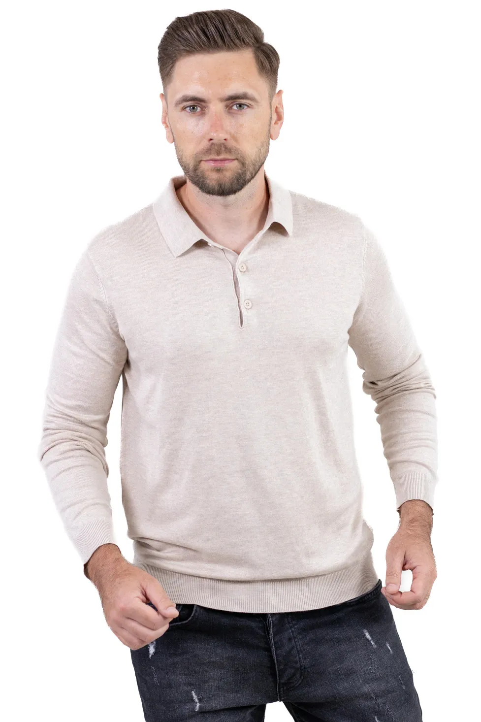 Pulover elegant tip polo pentru bărbați – crem [7]