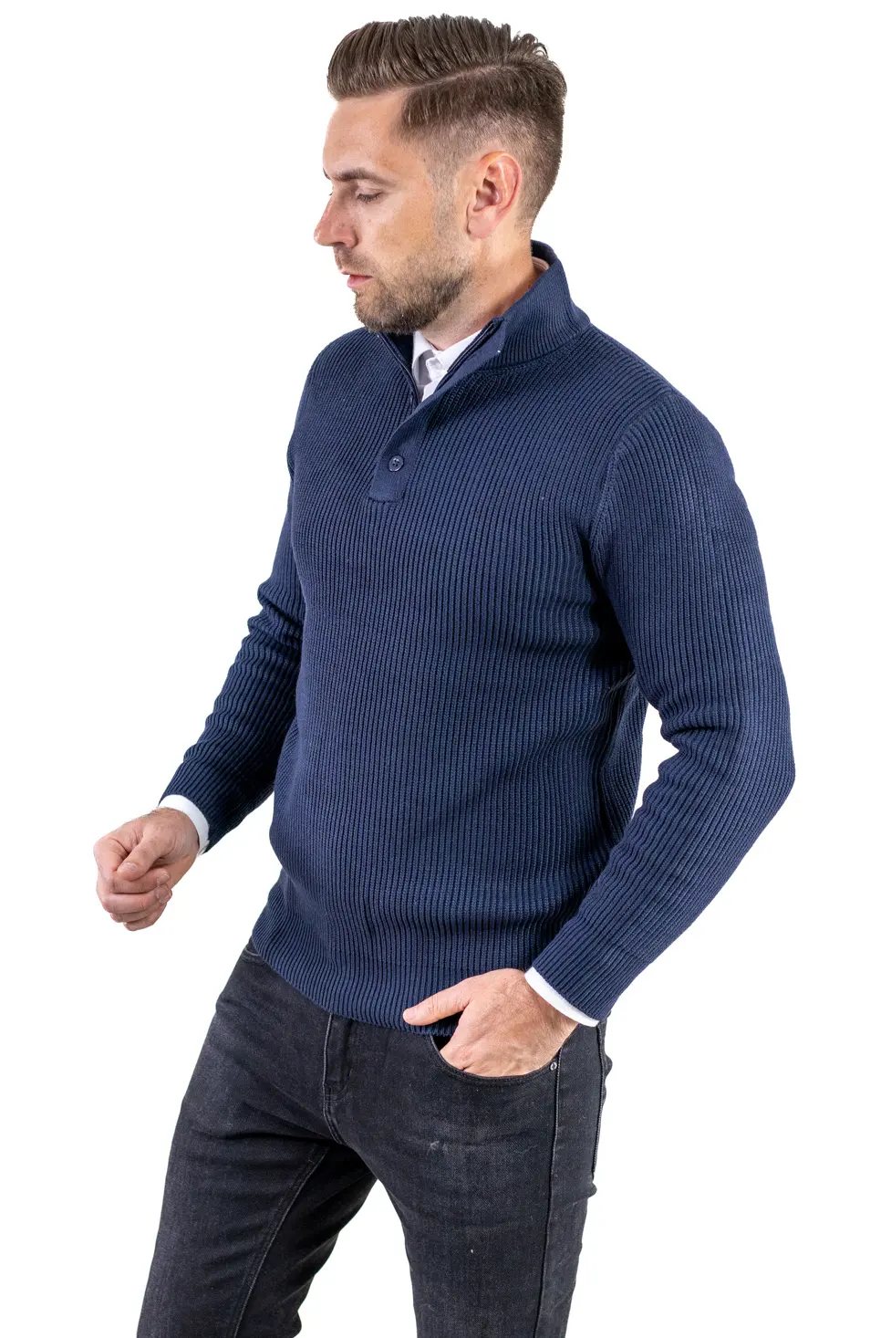 Pulover bărbați din tricot cu guler semi-înălțat și fermoar bleumarin [7]