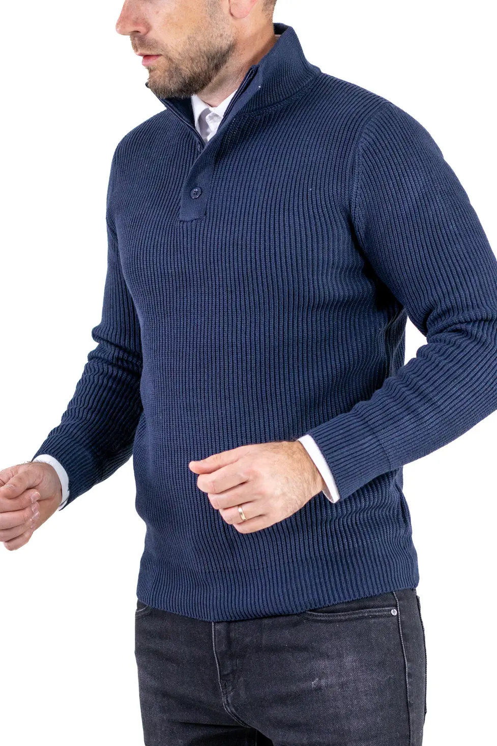 Pulover bărbați din tricot cu guler semi-înălțat și fermoar bleumarin [6]