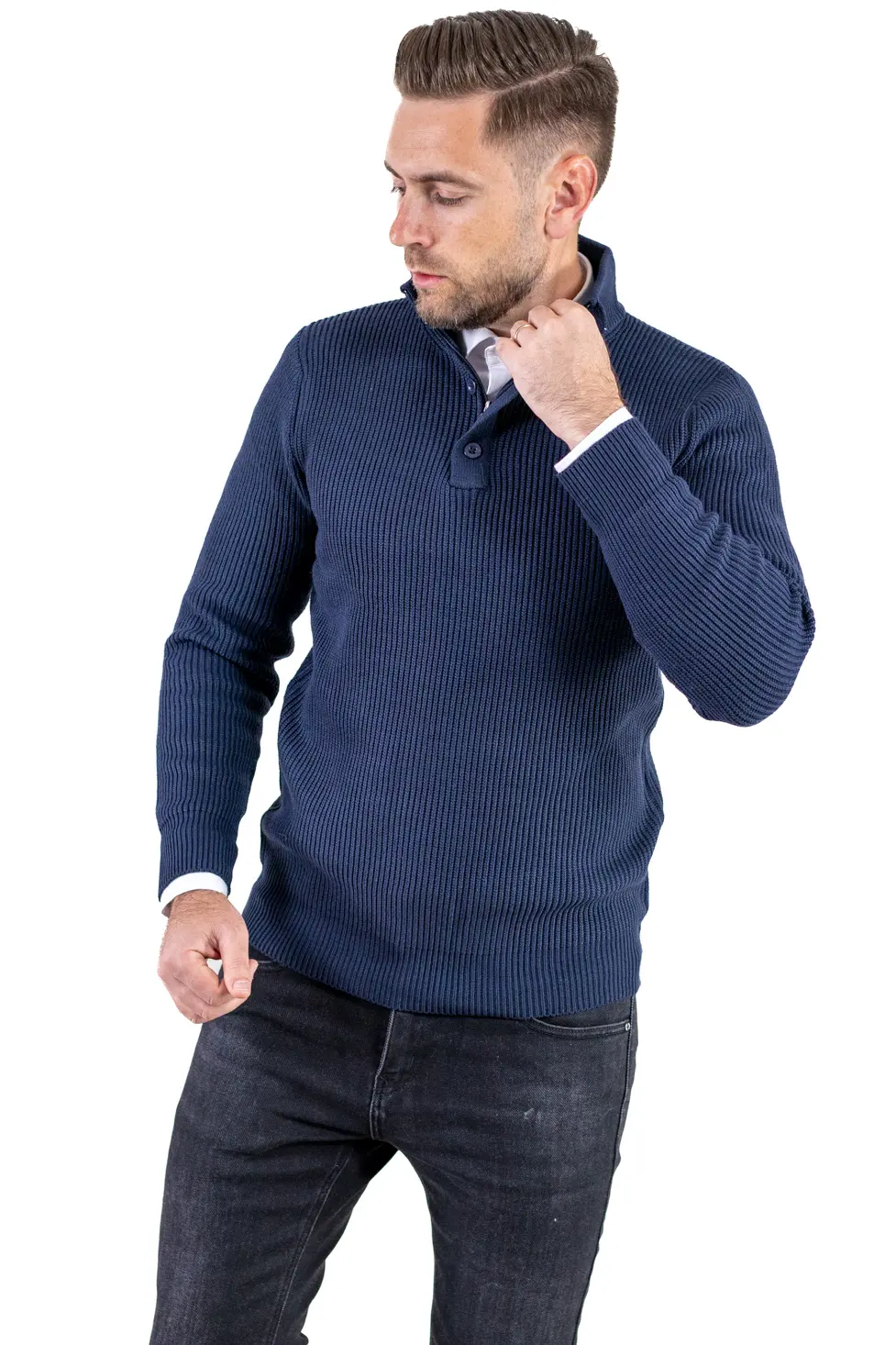Pulover bărbați din tricot cu guler semi-înălțat și fermoar bleumarin [5]