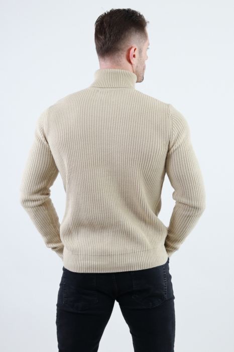 Pulover bej gros din tricot cu guler inalt barbati [3]