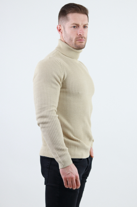 Pulover bej gros din tricot cu guler inalt barbati [2]