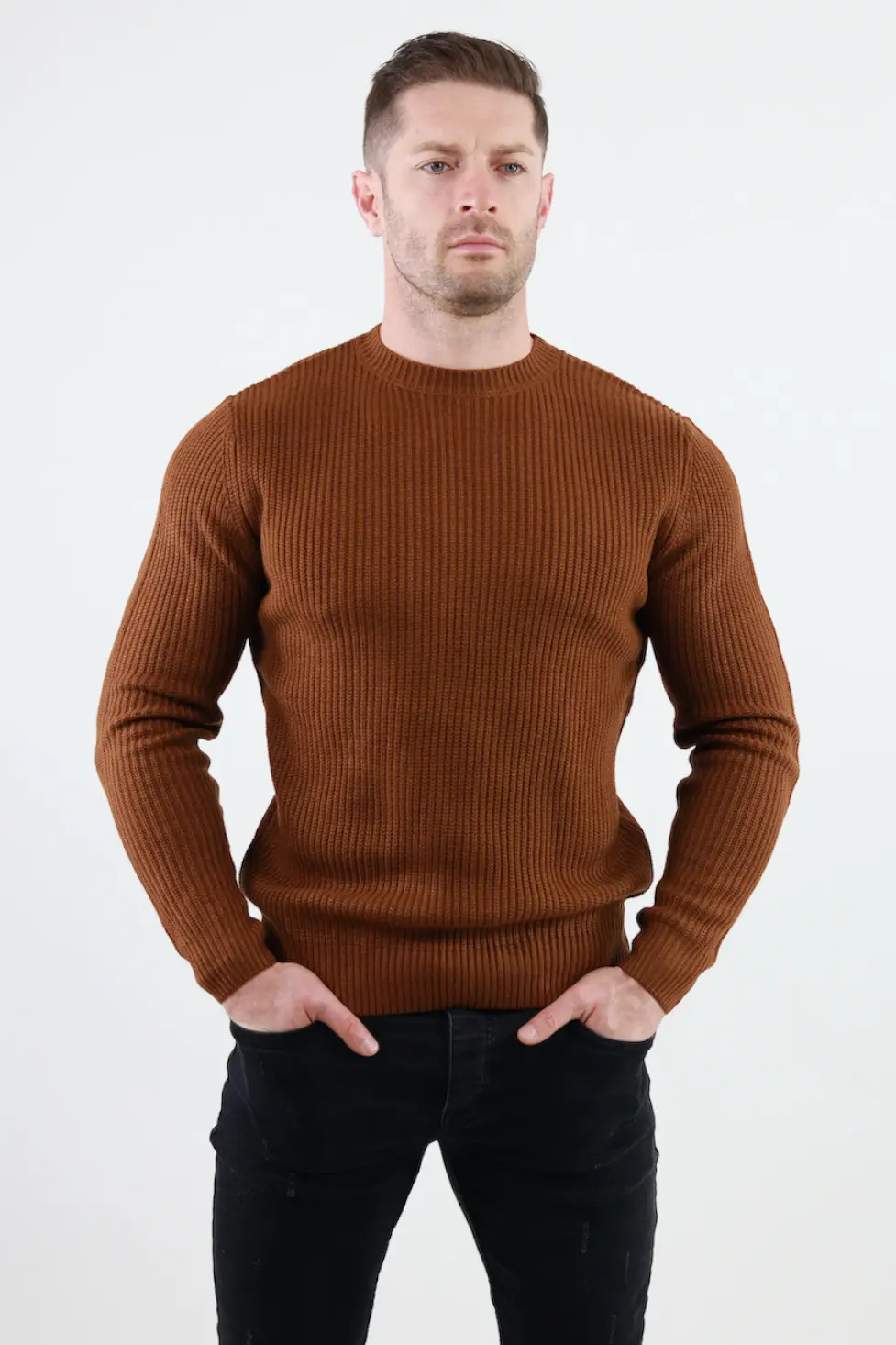 Pulover maro gros din tricot cu guler rotund barbati [4]