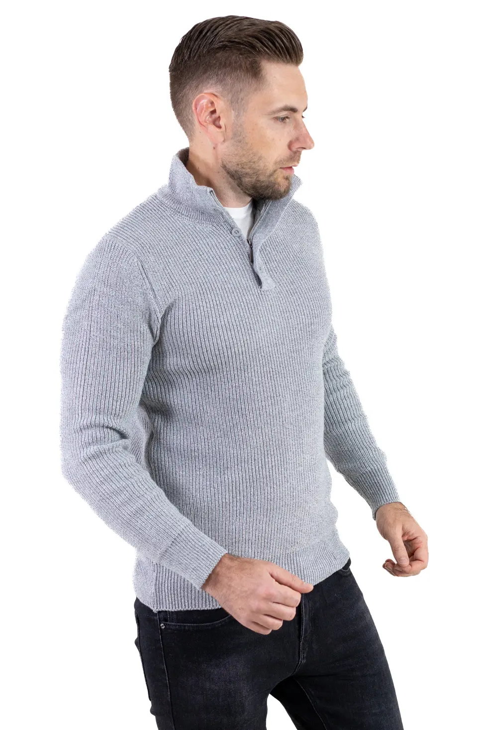 Pulover bărbați din tricot cu guler semi-înălțat și fermoar gri [6]