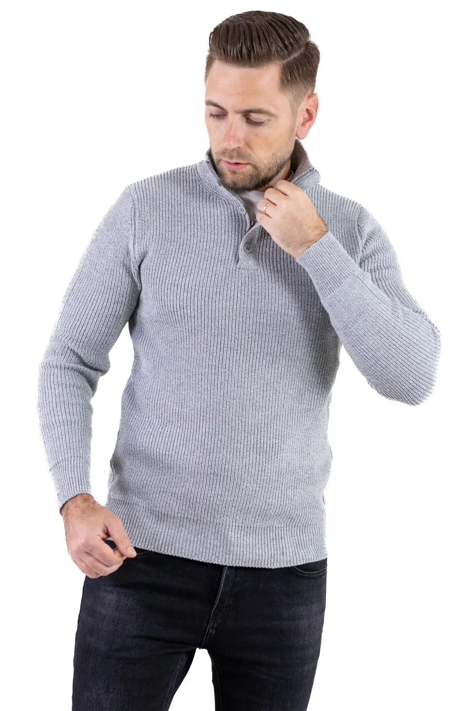 Pulover bărbați din tricot cu guler semi-înălțat și fermoar gri [1]