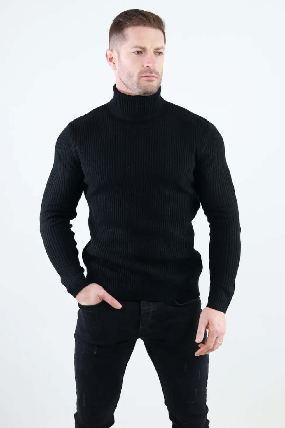 Pulover negru gros din tricot cu guler inalt barbati [7]