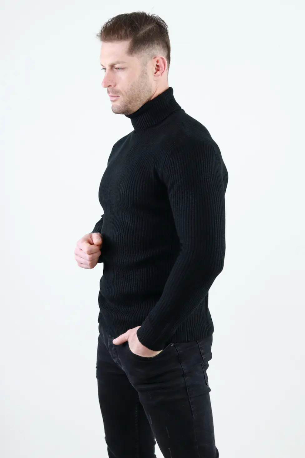 Pulover negru gros din tricot cu guler inalt barbati [6]