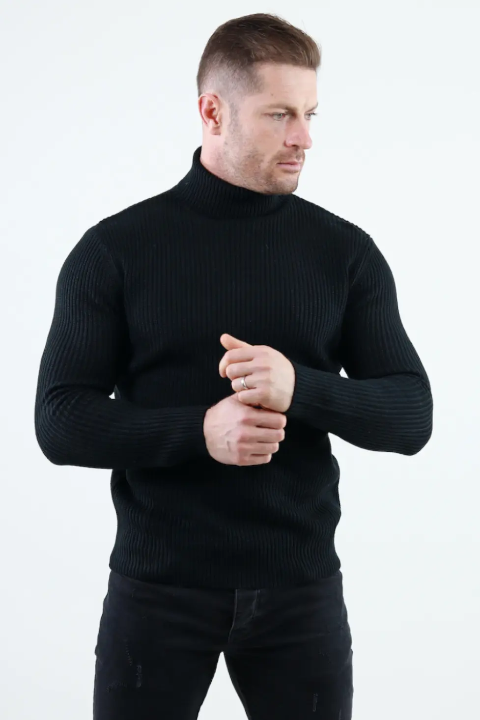 Pulover negru gros din tricot cu guler inalt barbati [1]