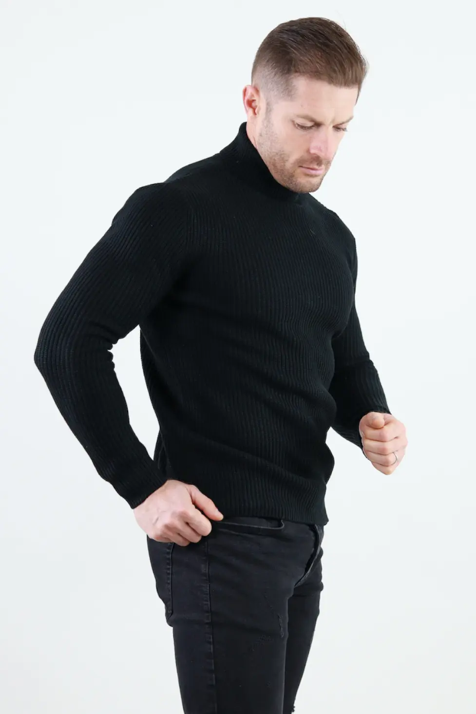 Pulover negru gros din tricot cu guler inalt barbati [2]