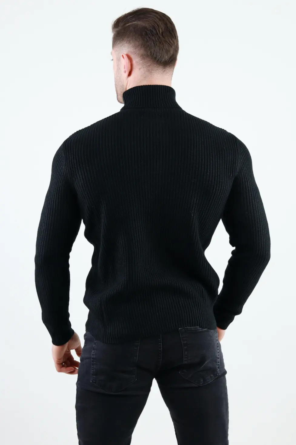 Pulover negru gros din tricot cu guler inalt barbati [3]