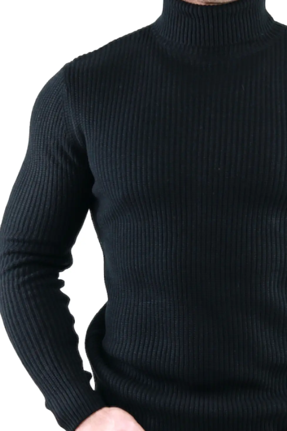 Pulover negru gros din tricot cu guler inalt barbati [5]