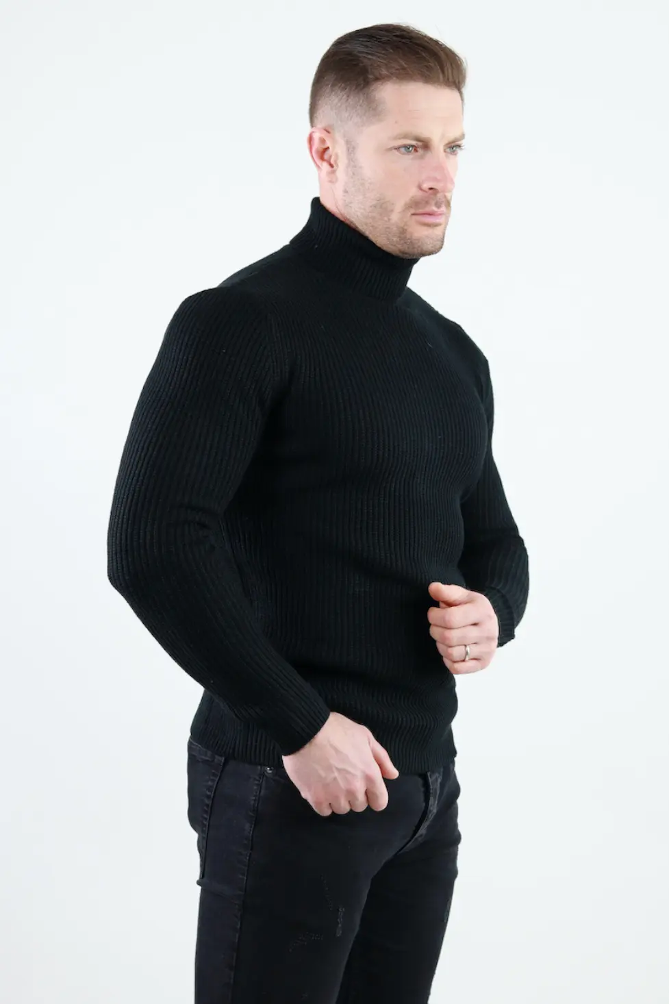 Pulover negru gros din tricot cu guler inalt barbati [8]
