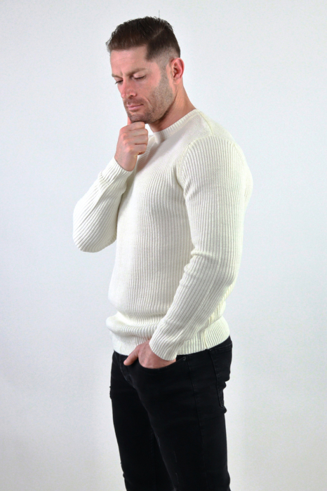 Pulover alb gros din tricot cu guler rotund barbati [4]