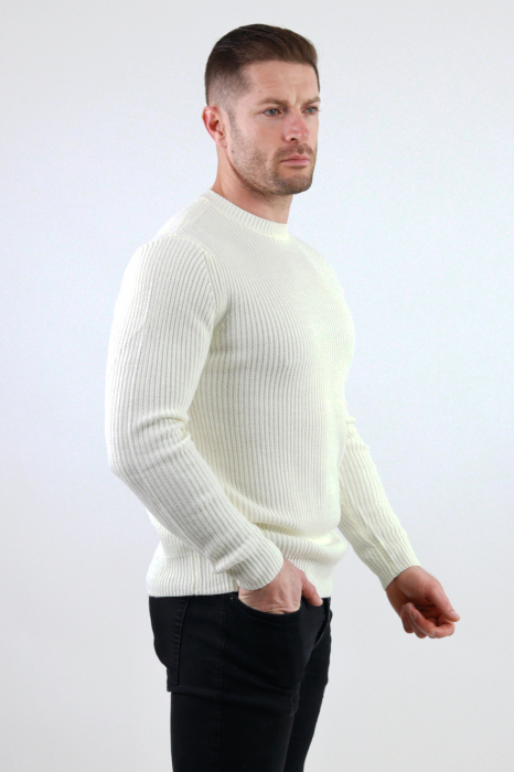 Pulover alb gros din tricot cu guler rotund barbati [2]