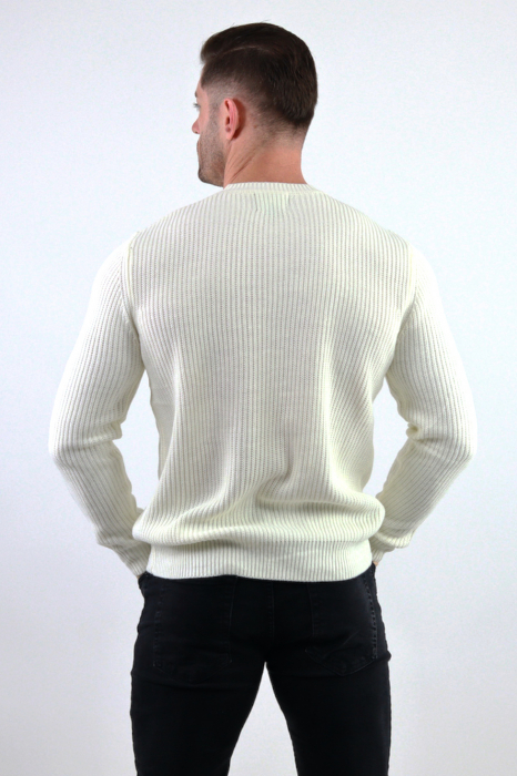 Pulover alb gros din tricot cu guler rotund barbati [3]