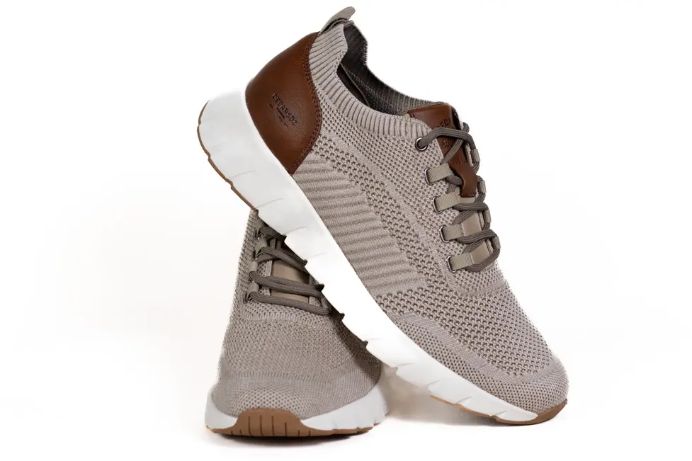 Sneakers Bărbați Bej, Textil Tricotat, Inserții Piele Maro, Talpă Segmentată Albă [4]